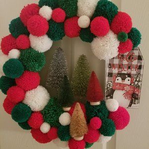 CHRISTMAS door wreath, 16" inch. Christmas PomPom
